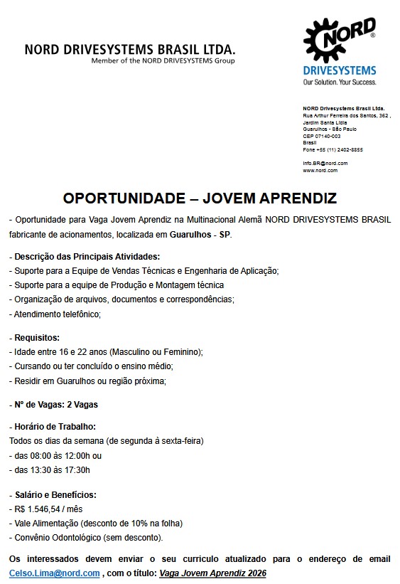 Vaga Aberta Jovem Aprendiz NORD DRIVESYSTEMS BRASIL LTDAFev 2026